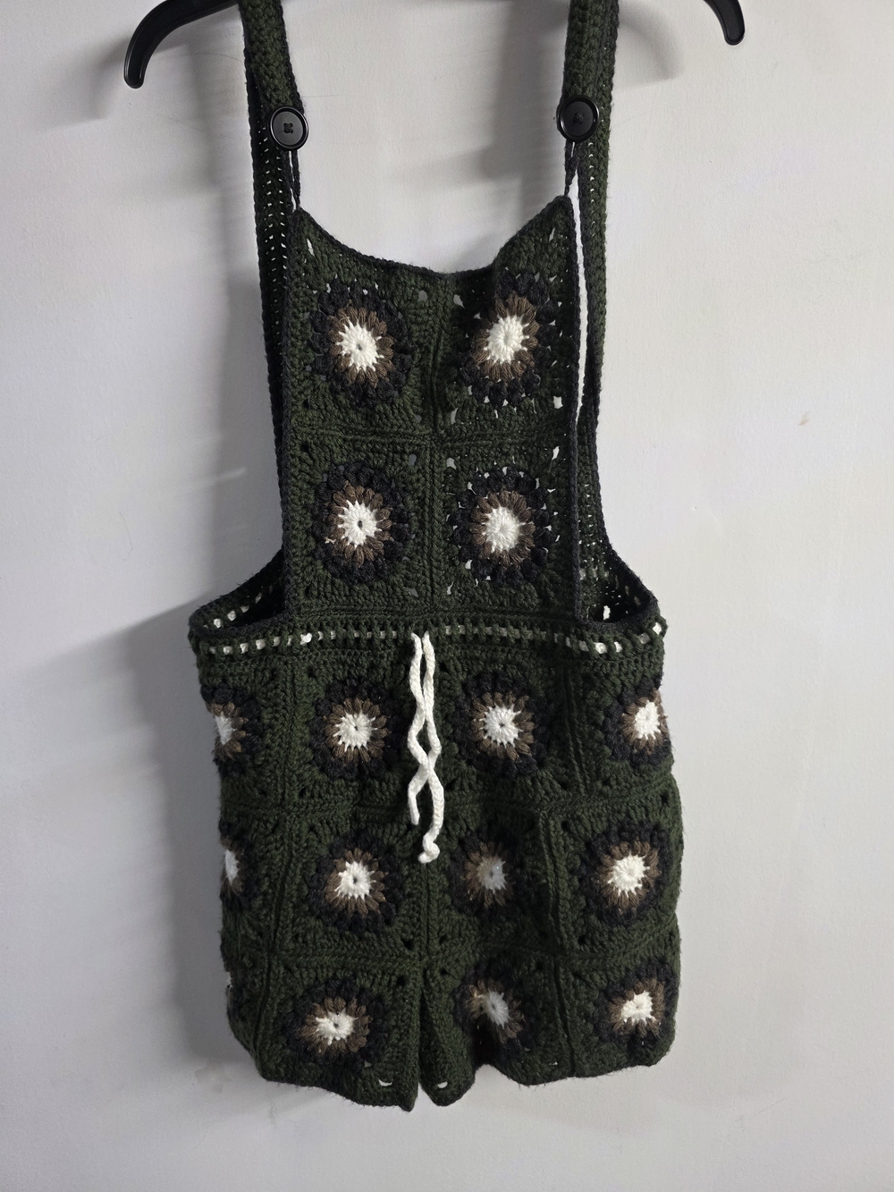 Crochet Granny Square Romper – Floral Crochet Overalls – Dark Green